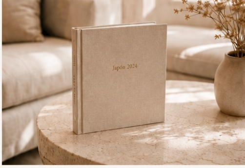 Álbum de lino 'Japón 2024' sobre mesa de travertino